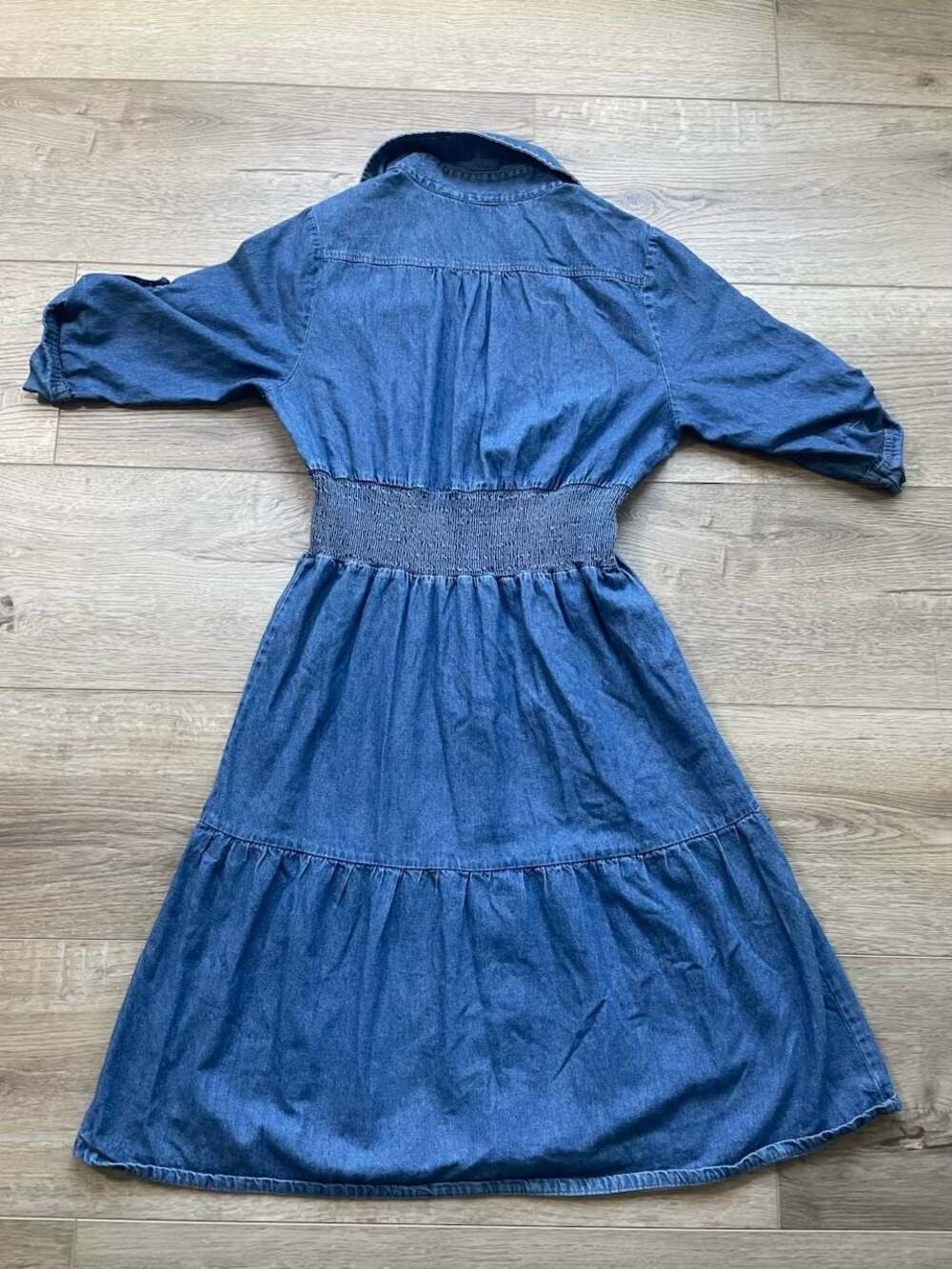 J Gee Denim Midi Dress Medium Zip Front Smocked Waist Roll Tab Chambray Blue - Picture 9 of 11